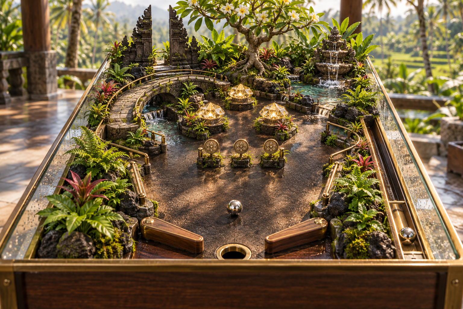Balinese water garden pinball table with split gateway, tiered fountain, and frangipani tree
