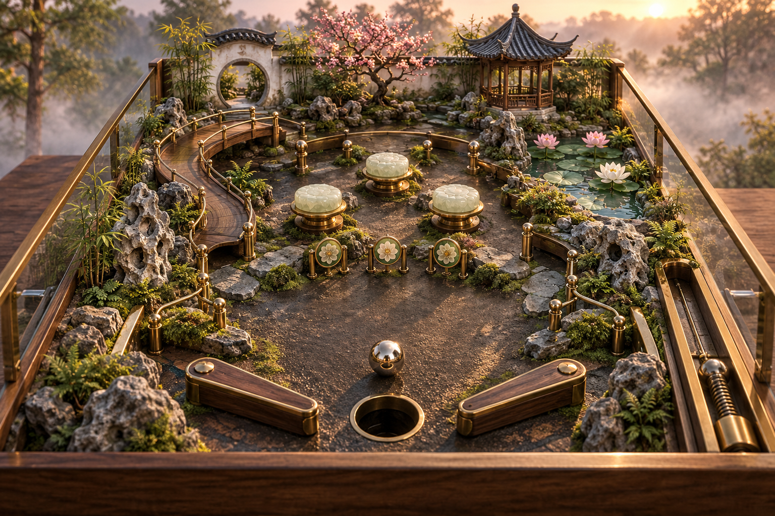 Chinese scholar's garden pinball table with moon gate, lotus pond, and pagoda